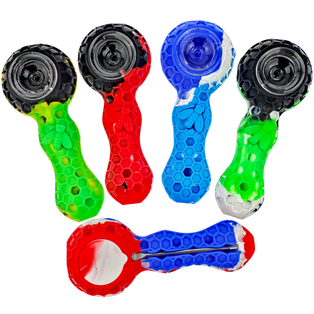 SWP174 Silicone Hand Pipes 4" Silicone Honeycomb Spoon w/ Poker - Image 1