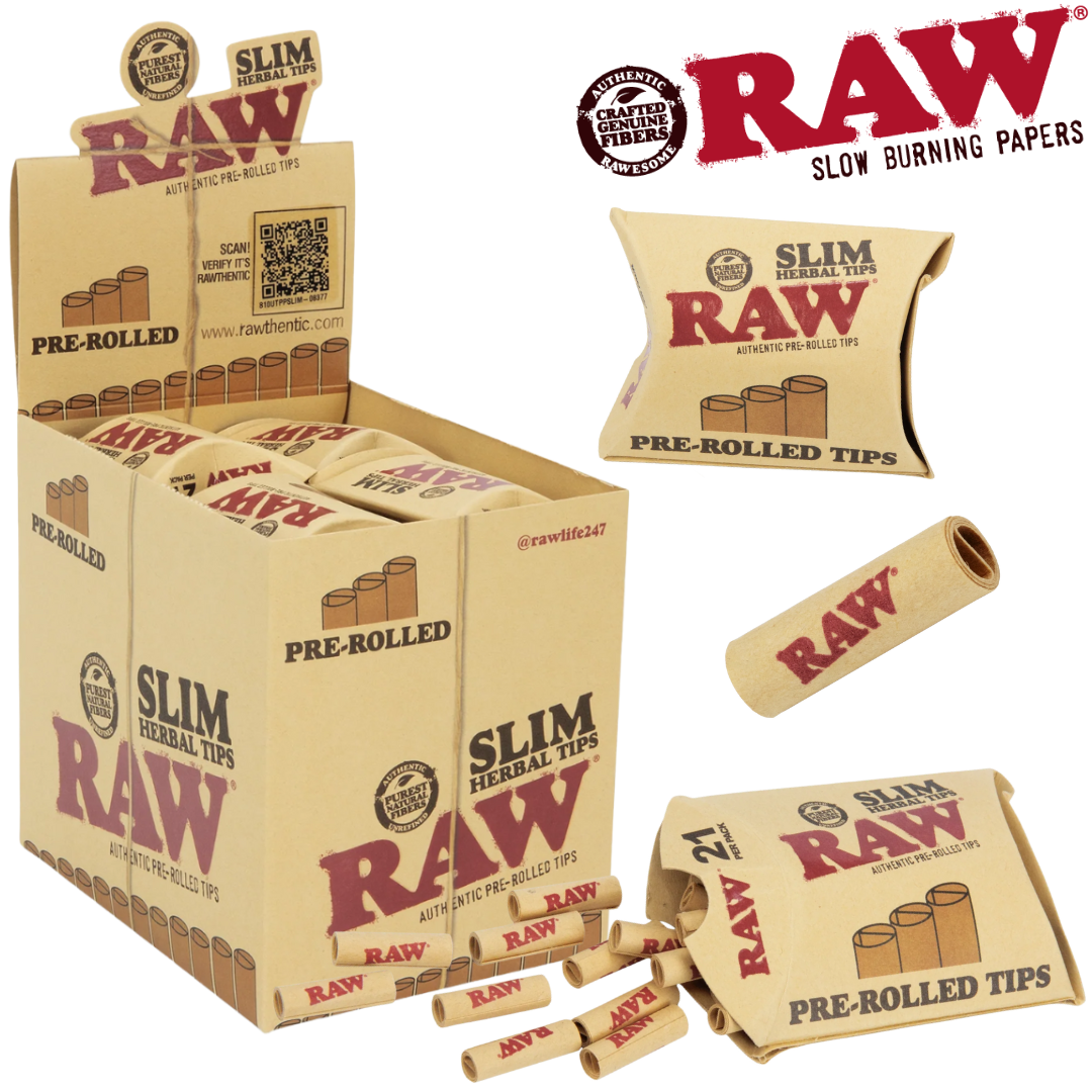 RAW-TIPS-21PK-PREROLLSLIM-20BX DISPLAY RAW Pre-Rolled 21pk Slim Tips 20bx - Image 1