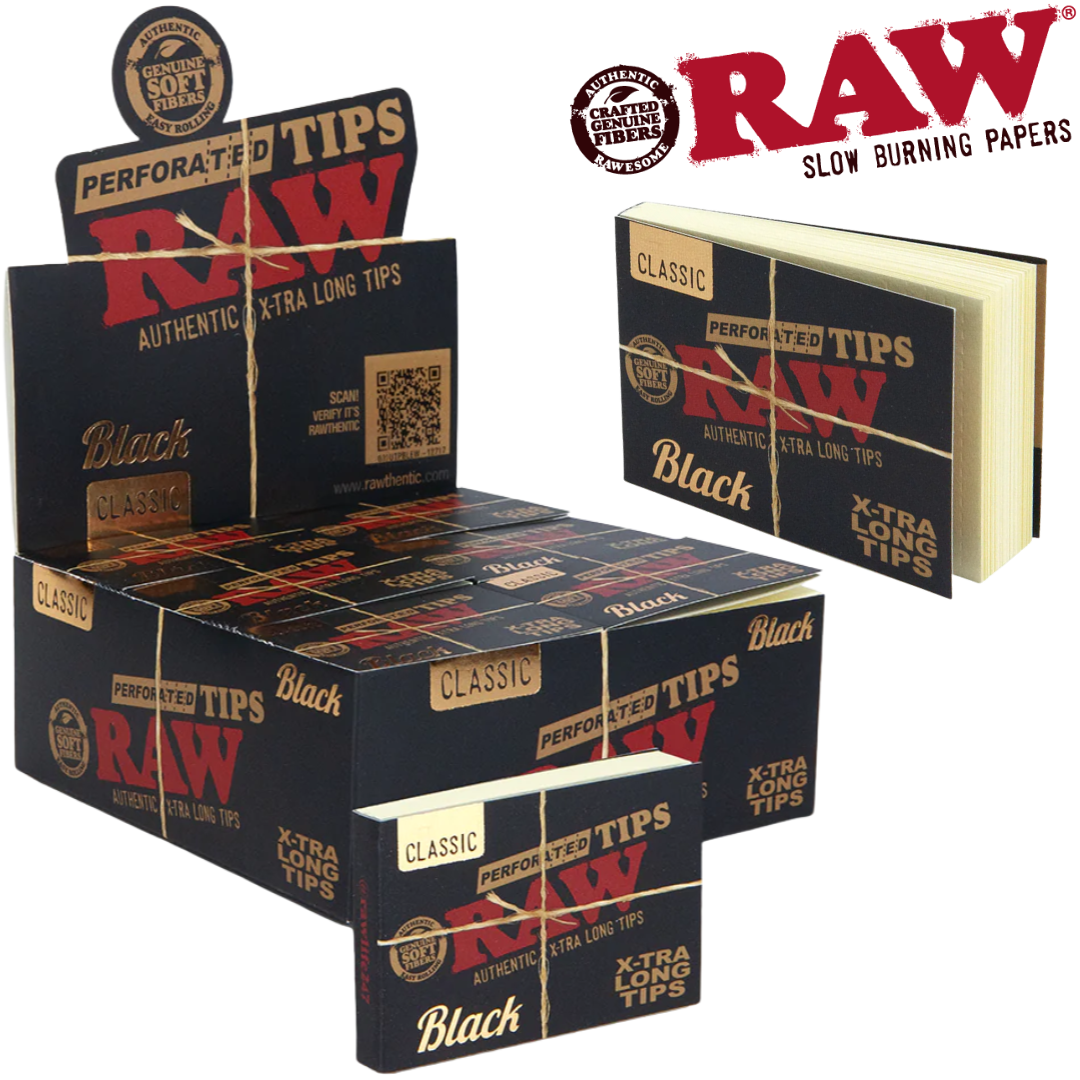 RAW-TIPS-PERF-SUPER-BLK-36BX Display RAW Black Classic Extra Long Perforated Tips 36bx - Image 1