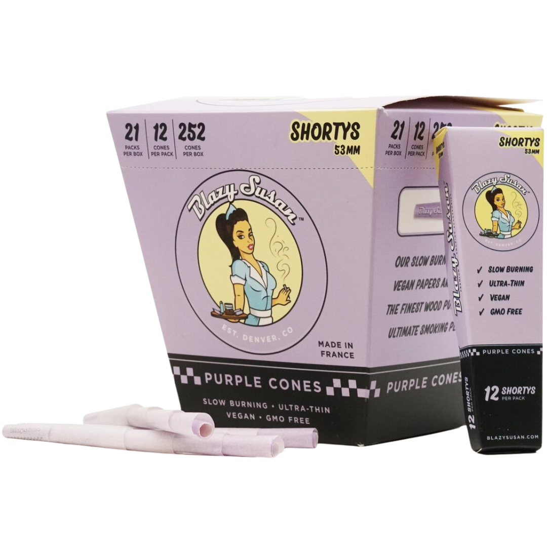 Shorty Purple Pre Rolled Cones Full Box Blazy Susan Shorty 53mm Purple Pre Rolled Cones | Full Box - Image 1