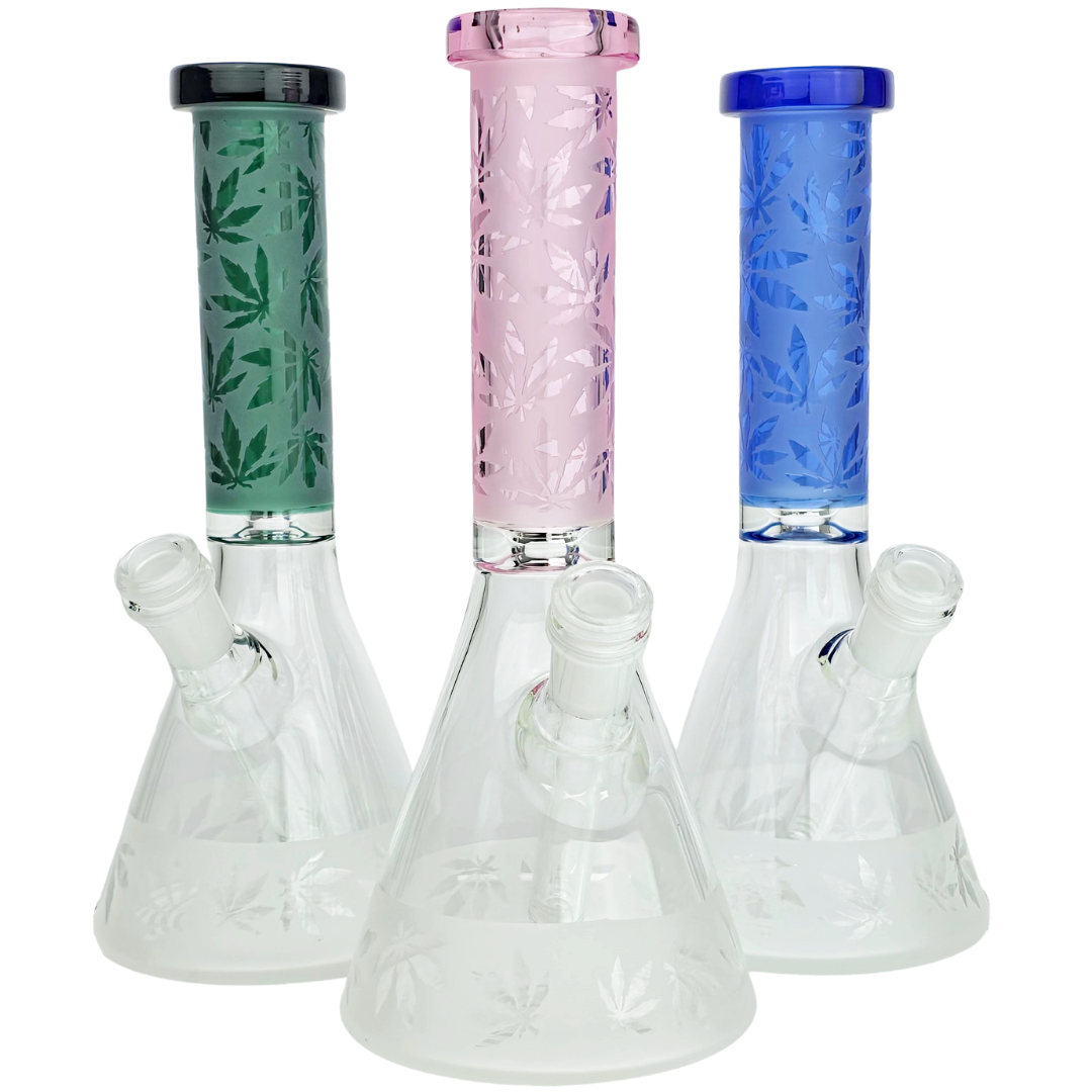 10" Color Neck Hemp Leaf Sandblast Beaker