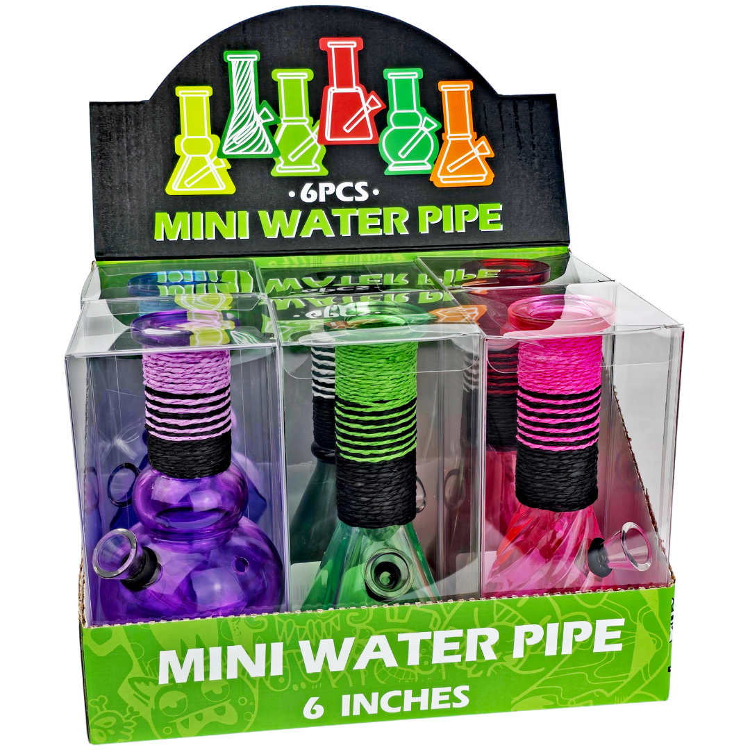 6" Hemp Rope Soda Lime Glass w/ Carb Bongs - 6 Pack Display