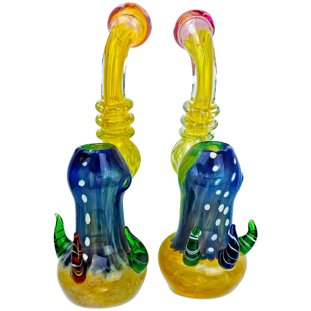 BUB-146 Bubblers 8" Multicolor Body Squiggle Line Neck Two-Tone Triple Horn Bubbler - Image 1