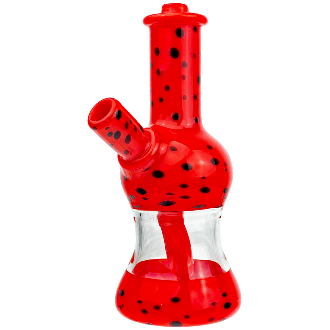 RDBY-MINI-RED-45DEG-5 Cannabis Rig 5" Rude Boy Cheeto Print Mini Bottle - Red - Image 1