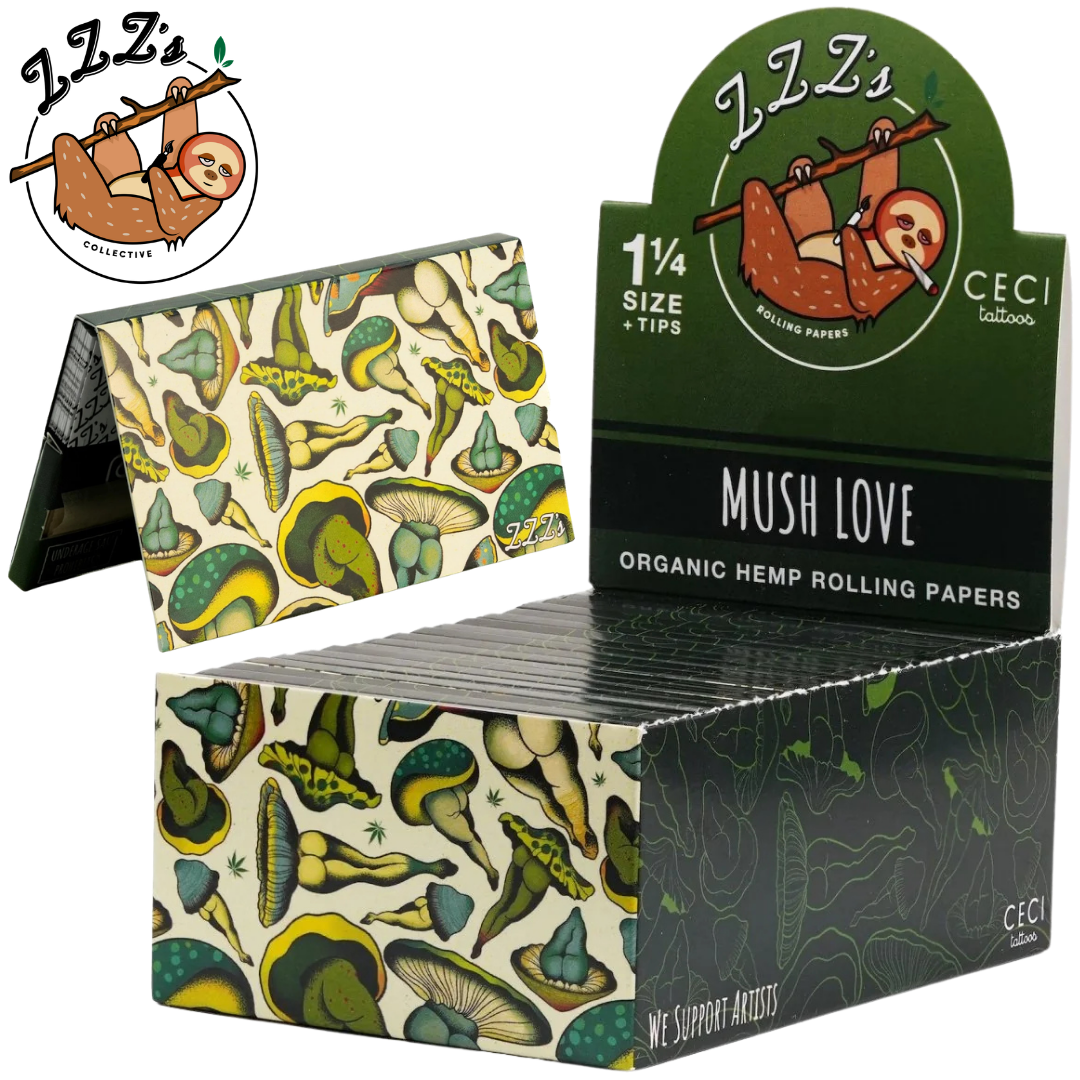 ZZZs Mush Love Papers Display ZZZ's 1 ¼ Rolling Papers + Tips - "Mush Love" - Image 1